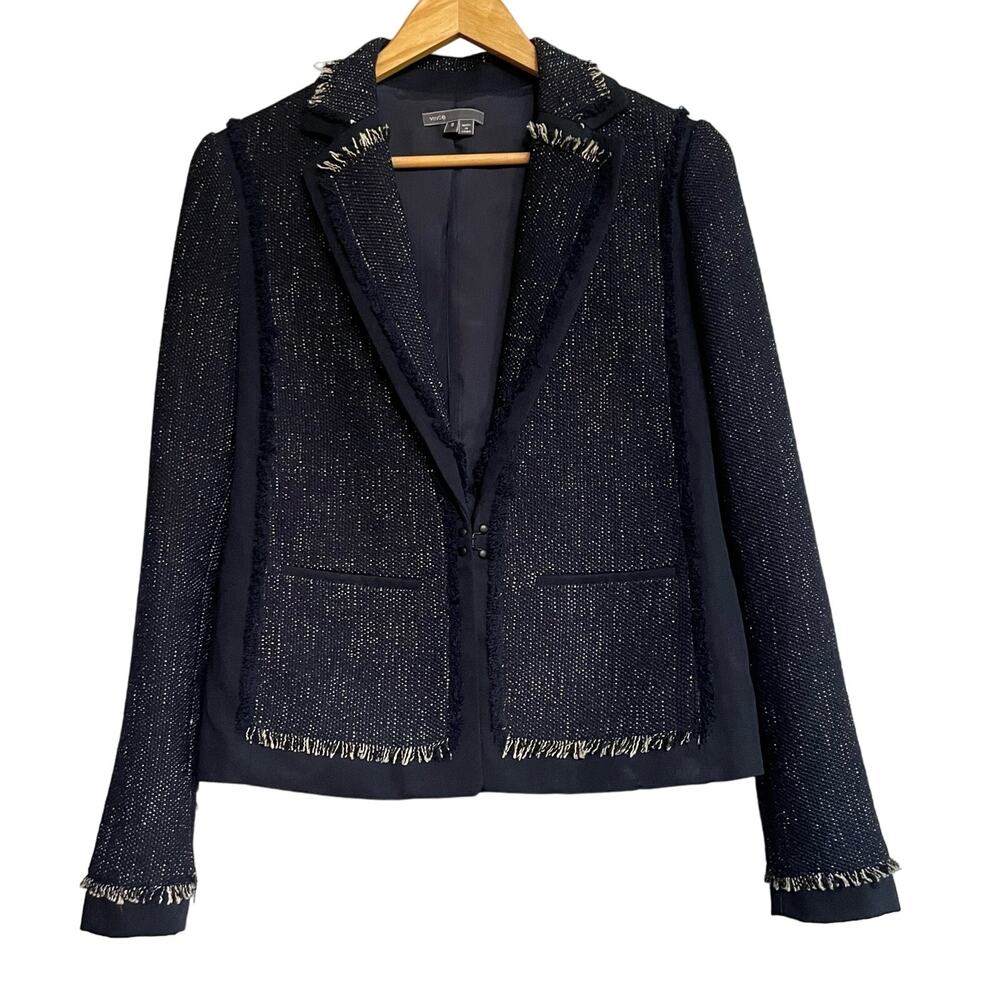 Vince Blazer Navy Tweed Cotton Jacket Sz S Fringe Pockets Business Career